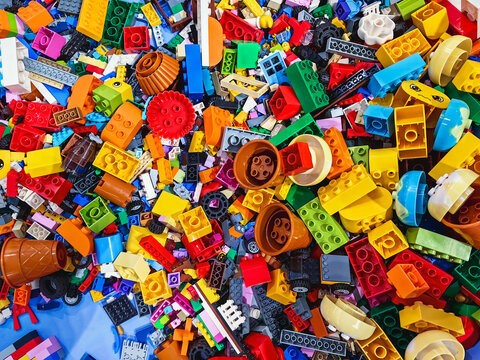 NAKHON PATHOM,THAILAND - JANUARY 17 ,2025 : Top view A pile of multicolor of many Lego toy blocks in various shapes and different sizes at Central salaya. Toys and games. Leisure and recreation.