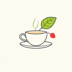 Obraz premium Simple teacup illustration, light background, steaming drink, decorative leaf, use for tea shop, logo, or poster