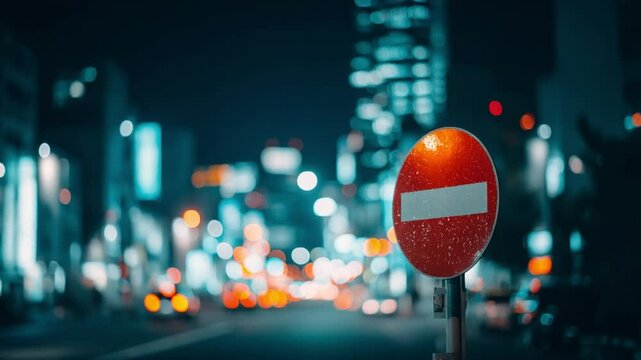 A vibrant city street at night featuring a prominent no-entry sign, blurred lights, and urban ambiance