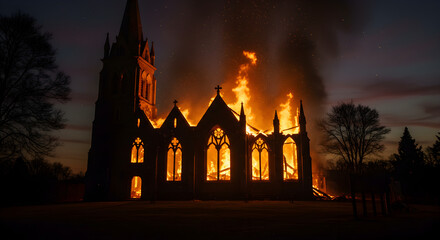 Burning Building with Tower Silhouetted Against Evening Sky