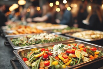 A colorful buffet with assorted vegetable dishes and salads in stainless trays, set in a lively event setting with blurred people in the background.