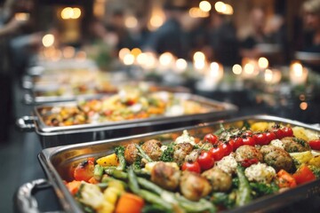Obraz premium A variety of hot dishes served buffet-style at a festive event, featuring roasted vegetables and gourmet entrees in warming trays.