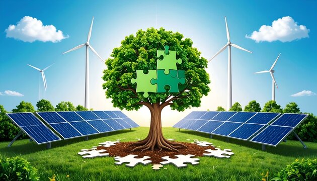 Green energy concept puzzle pieces on a tree symbolizing sustainable solutions with wind turbines and solar panels.