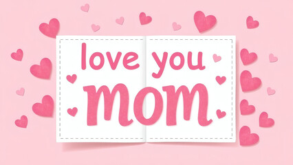 A Mother's Day card with hearts and "Love You Mom" in pink letters