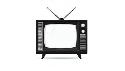 Vintage black and white television set with antenna isolated on white background. Ideal for retro, nostalgic, media, technology concepts.