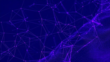 An abstract blue background featuring a network of interconnected lines and glowing dots, forming a complex plexus structure suggestive of technology, data, and connections.