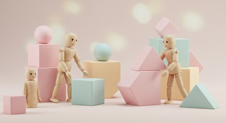 Wooden figures interacting with colorful geometric shapes in studio setting