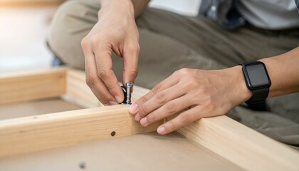 Close-up of hands assembling wooden furniture, attaching a caster wheel. Focus on detail and craftsmanship.