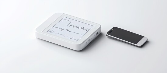Portable medical device displaying ECG data connected to a smartphone.