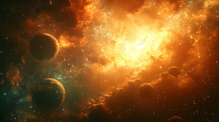 Obraz premium A vibrant cosmic explosion of fiery nebulae.