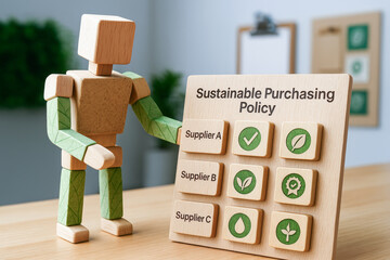 Sustainable eco friendly purchasing policy concept with wooden figure and green icons for ethical supply chain management
