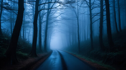 Obraz premium dark scary forest road on foggy night