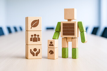 Sustainable eco friendly wooden figure with green accents stands by blocks showing leaf people and support icons in modern office