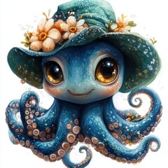 Whimsical Underwater Cartoon Art: Cute Octopus in Floral Hat Illustration