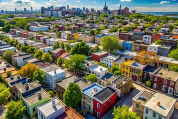 Obraz premium Aerial View of Bushwick, Brooklyn Homes: Vibrant Rooftop Gardens & Urban Landscape