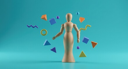 Wooden mannequin with floating geometric shapes on teal background