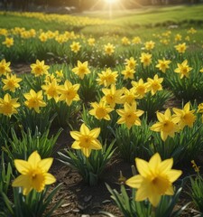 Fototapeta premium Sunlit daffodils burst forth in a vibrant yellow against a lush green field , vibrant, outdoor, floral