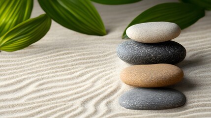 Fototapeta premium Zen garden with perfectly stacked stones and smooth sand waves