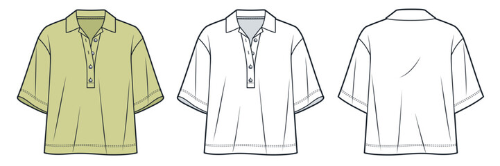 Oversized Polo Shirt Fashion Flat Sketch. Crop Tee Shirt fashion flat technical drawind template, button placket; drop shoulder, front and back view, white, yellow, women, men, unisex Top CAD mockup.