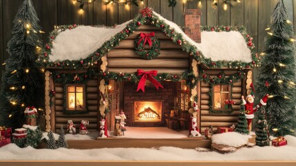 Obraz premium Cozy Christmas cabin scene with snow, lights, and festive decorations.