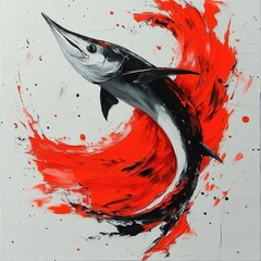 Dynamic Abstract Aquatic Art: Vibrant Fish in Black and White Underwater Scene