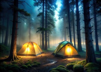 Misty Forest Night Camping, Illuminated Tents, Long Exposure Photography, Night Landscape