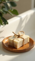 Handmade natural soap bar tied with jute rope, resting on a wooden tray in sunlight with botanical shadows on white tiles, evoking eco-friendly spa vibes.