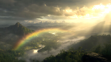 Dramatic landscape panorama with rainbow, mountains, and valleys.