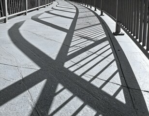 Obraz premium Abstract grayscale image of shadows cast by a railing on a curved walkway. The interplay of light and shadow creates a visually interesting pattern.
