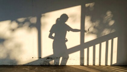 Shadow of a person standing near a railing cast on a weathered wall, bathed in warm sunlight.  Image evokes tranquility, mystery, and solitude.