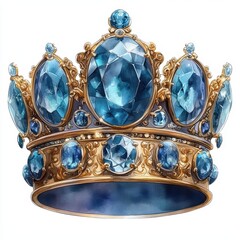Luxurious Gold Crown with Blue Jewels: A Regal, Ornate Masterpiece for Royal Celebrations