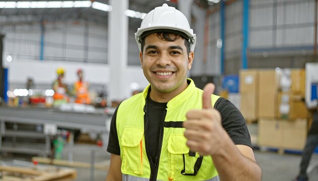 Happy factory worker giving thumbs up.  Positive, confident industrial portrait.