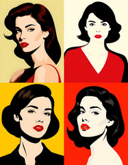 Collage of retro-style portraits of beautiful women painted in vector graphics.
