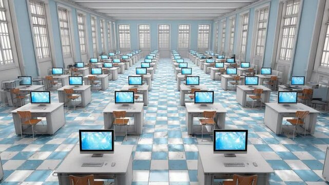 A spacious computer lab with rows of desks and monitors, bright windows illuminating the space