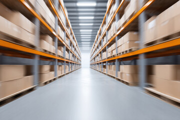 Obraz premium Interior view of a warehouse with stacked cardboard boxes on tall orange shelving systems