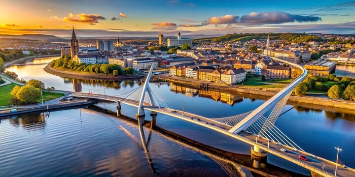 Aerial View of Peace Bridge, Derry, Northern Ireland &ndash; Iconic Landmark Spanning River Foyle