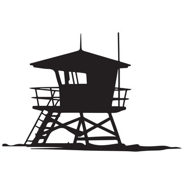 A black and illustration featuring a lifeguard tower Vector Black silhouettes. with white background