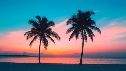 Obraz premium Silhouetted palm trees against a vibrant sunset over a serene beach