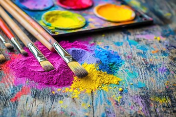 Obraz premium Bright colored powder spilled over a wooden table, with a few paintbrushes and a colorful palette beside it