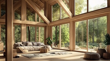 Wooden beams in eco-friendly house interior.
