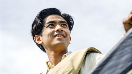 Young man smiling while standing outdoors under bright sky