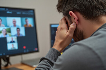 Close-Up Portrait of Stressed Remote Worker During Video Conference