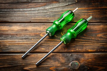 Aerial View of Two Green Screwdrivers on a Workbench - Drone Photography
