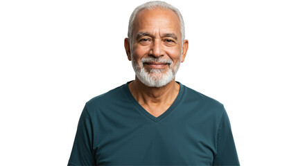Smiling Elderly Man with Gray Hair and Beard, Captured in a Portrait Style Against a Black Background