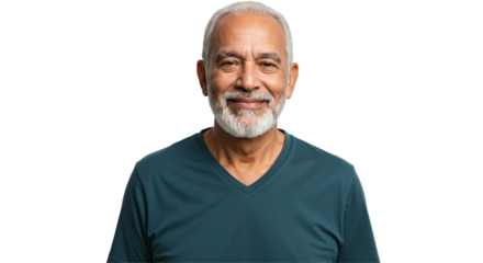 Smiling Elderly Man with Gray Hair and Beard, Captured in a Portrait Style Against a Black Background