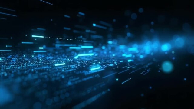 Create a high-tech animation showing streams of glowing digital data&mdash;binary code, pulses of light, and data packets&mdash;flowing rapidly across a dark black background. Use cool tones like neon blue, cyan,