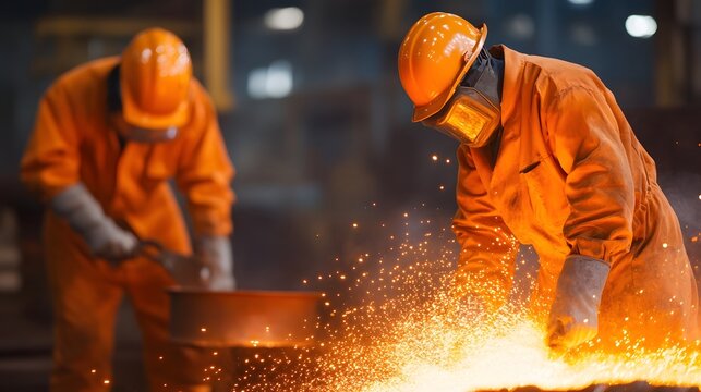 Steel factory workers handling molten metal - Powered by Adobe