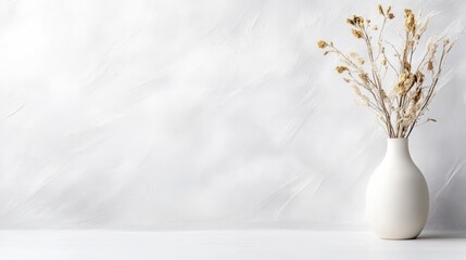 Fototapeta premium Dried Flowers in Vase Minimalist Style High-resolution Soft Lighting Wide Shot Simple Arrangement Peaceful Serenity Home Decor Neutral Tones Ideal for Blogs