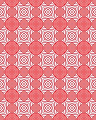 Detailed geometric design featuring a repetitive pattern of squares and lines in red and white, suitable for various applications