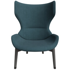 Teal upholstered arm chair with a unique design